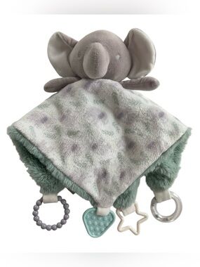 Dream Gro Gray Elephant 13” Lovey Security Blanket Rattle Teether Green White.